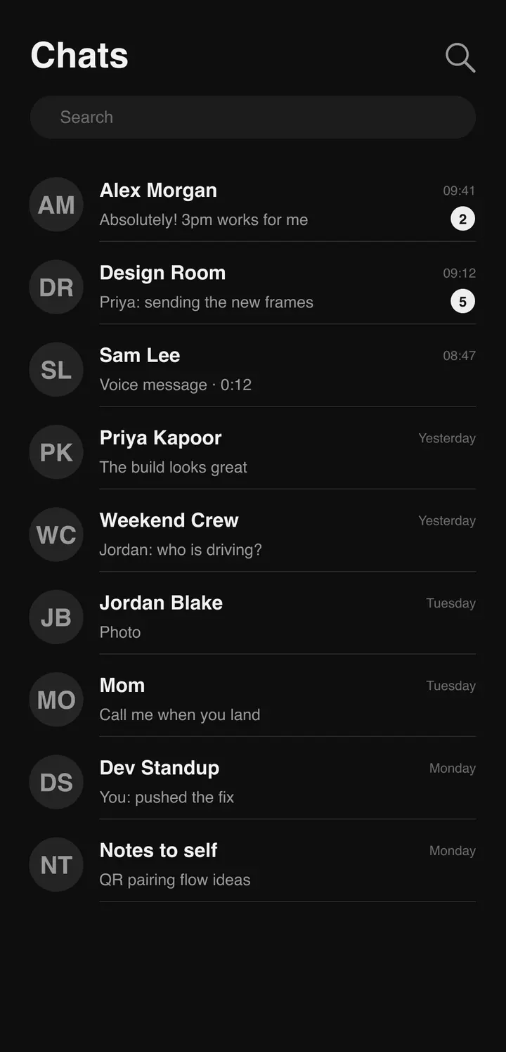 Bluetune chats screen: conversation list with search and filters