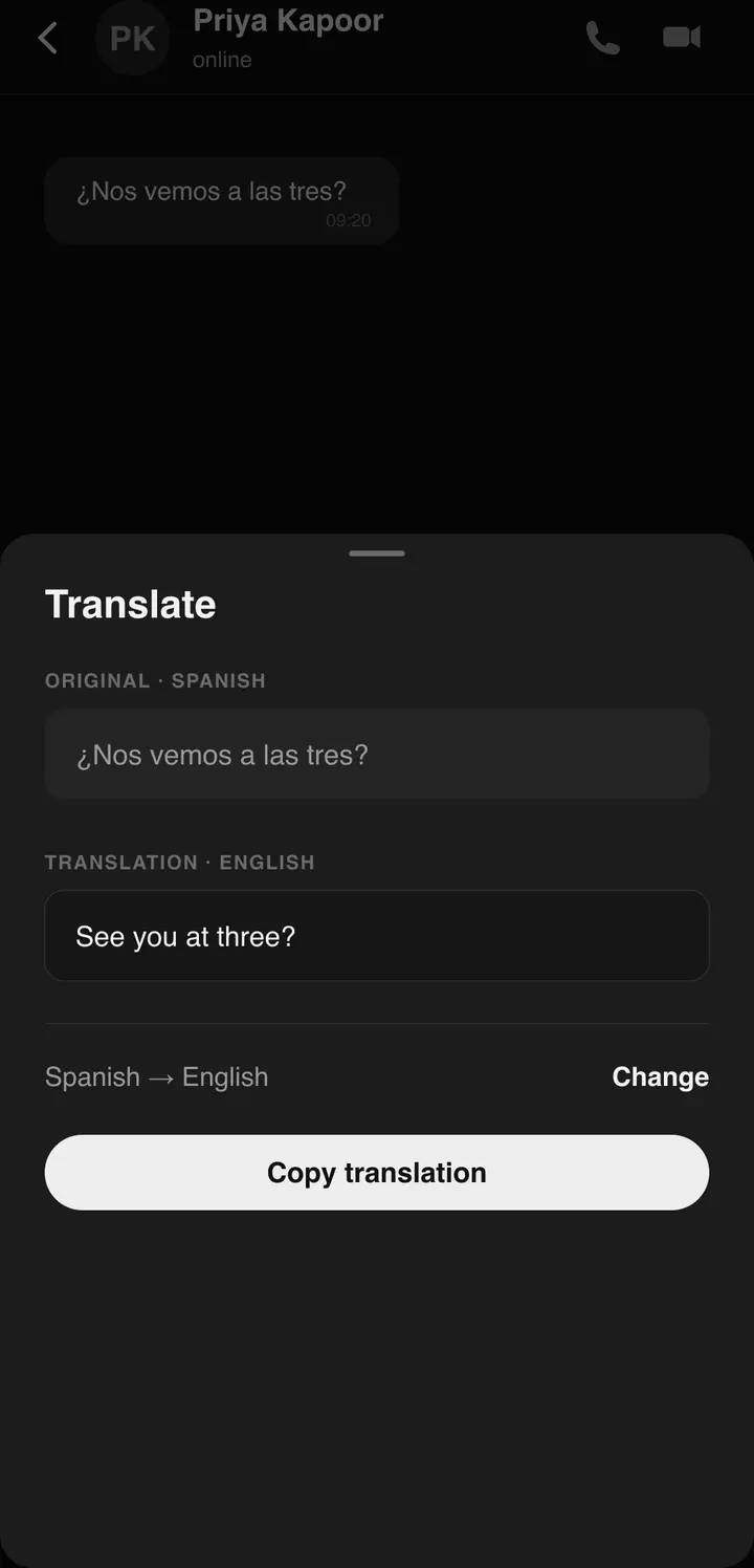 The Bluetune translation sheet translating a message inline