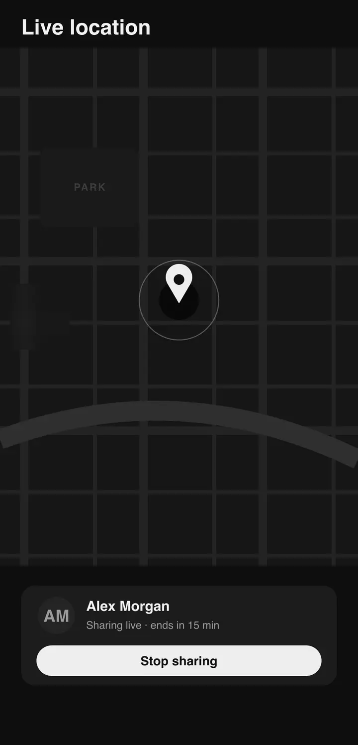 The Bluetune live location screen with a map and sharing duration options