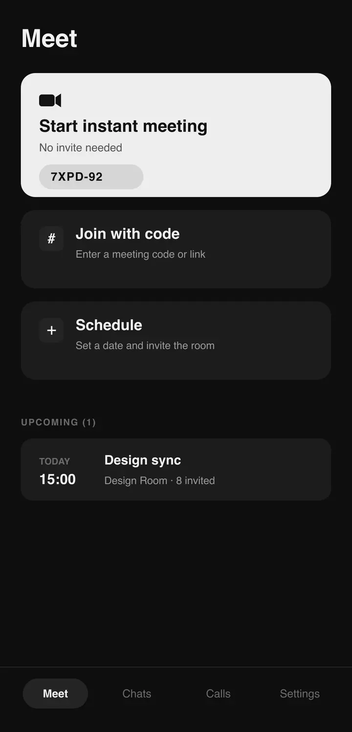 The Bluetune Meet hub with options to start an instant meeting or join by code