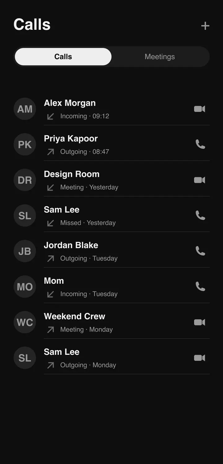 The Bluetune calls screen listing recent voice and video calls
