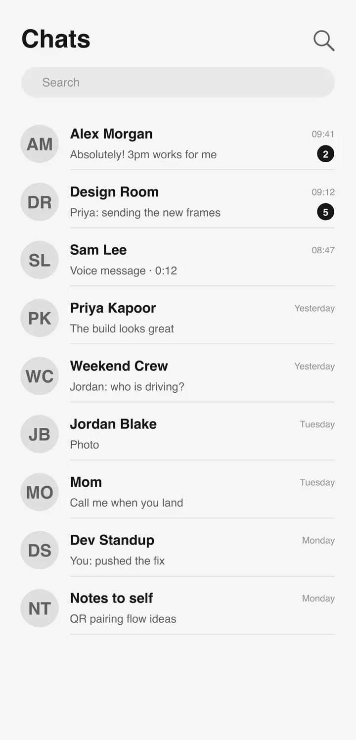 Bluetune chats screen: conversation list with search and filters