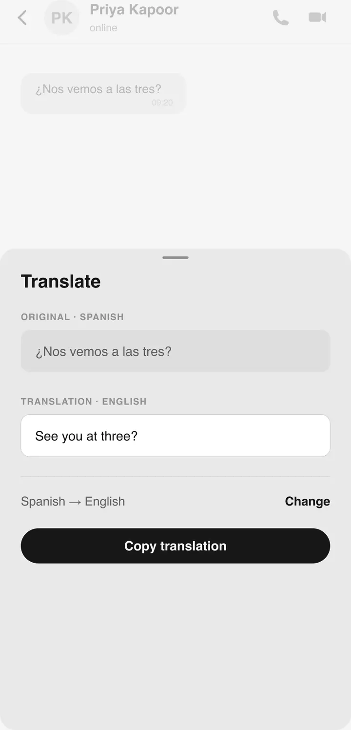 The Bluetune translation sheet translating a message inline