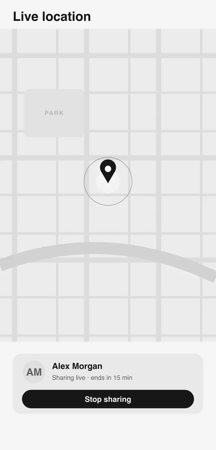 The Bluetune live location screen with a map and sharing duration options