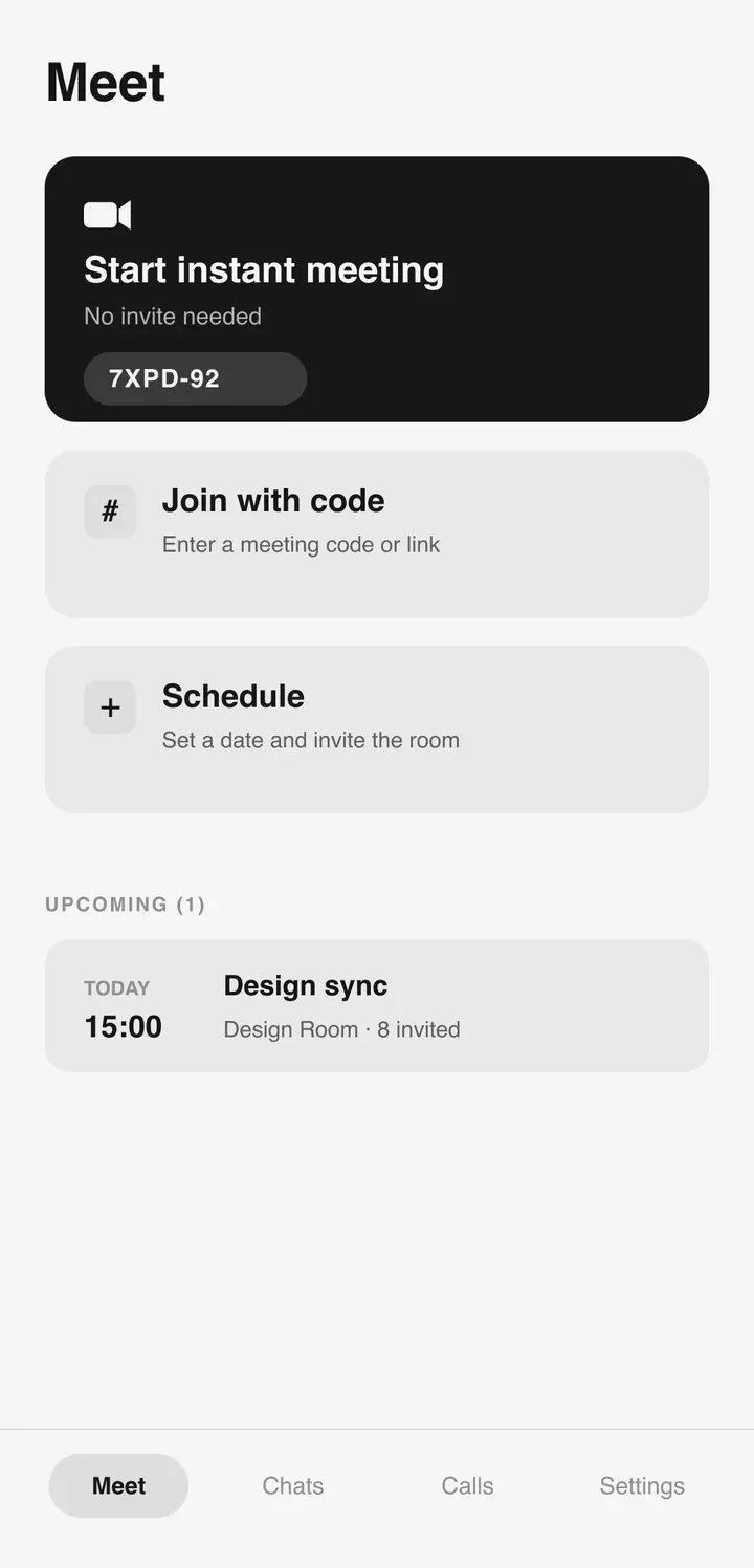 The Bluetune Meet hub with options to start an instant meeting or join by code