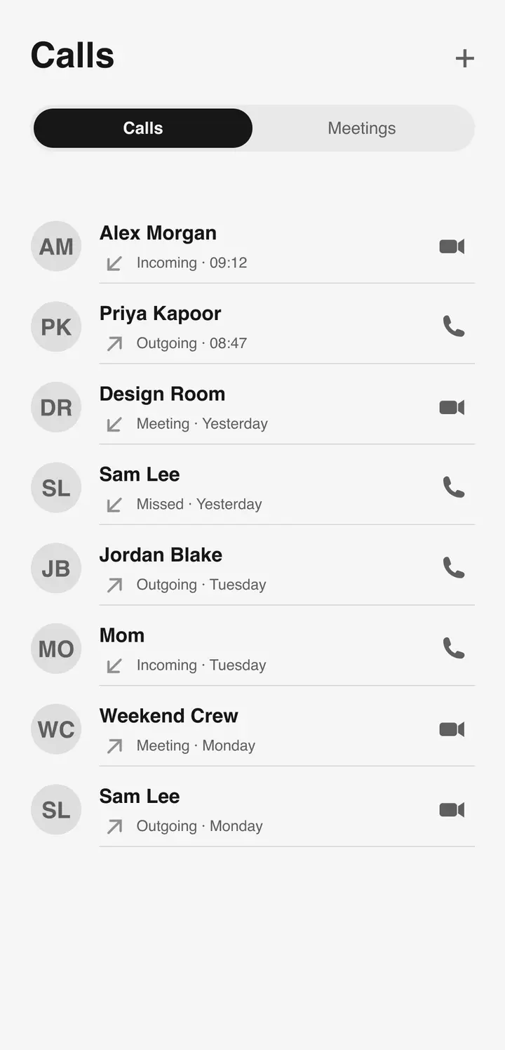 The Bluetune calls screen listing recent voice and video calls